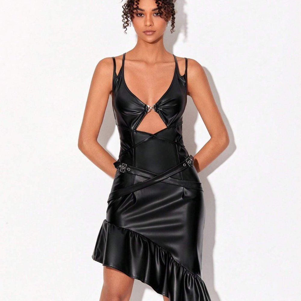 Cut Out Ruffle Hem PU Leather Cami Dress Black - Picture 5 of 5